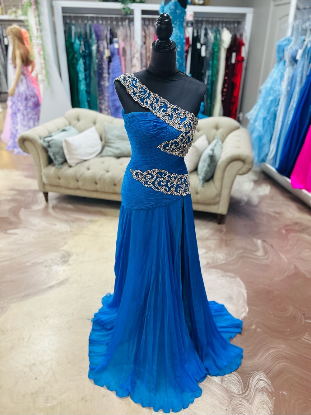 Sherri Hill One-Shoulder Sapphire Blue Prom Gown with Crystal Accent